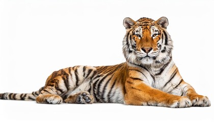 Majestic Bengal Tiger Pose Regally Against a Blank Canvas of White, Showcasing Vibrant Stripes and Dynamic Expressions, Embracing the Essence of Power and Grace.