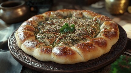 Delicious freshly baked flatbread with herbs and sesame seeds on a wooden plate