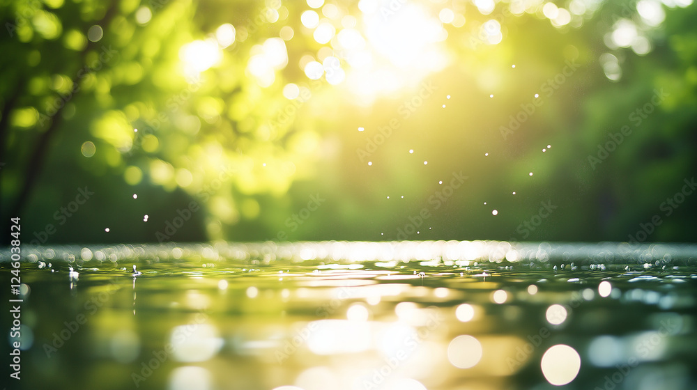 Poster blurred background of water and green trees with sunlight reflection, a nature-inspired blurred back