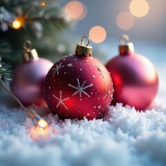 Ornamented glass balls in red and pink on a snowy surface with Christmas lights, surface, snowy