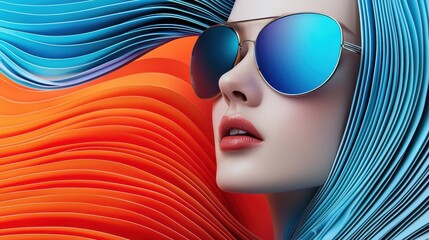 A vibrant digital artwork featuring a woman with blue hair and stylish sunglasses against a colorful, flowing background of orange and blue, symbolize newwave and Y2K.