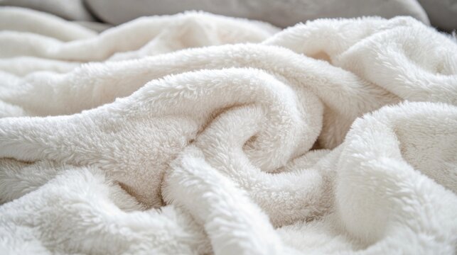 Luxurious white fleece lies in soft, inviting folds, enhancing the tranquil vibe of a cozy indoor setting perfect for relaxation during the cold season