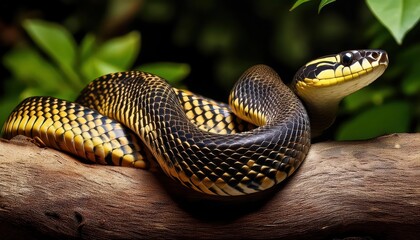 Naklejka premium Venomous Tiger Snake Notechis scutatus Slithers through the Grasslands of Southern Australia at Dusk, Showcasing Its Striking Patterns and Intense Eyes in a Majestic Wildlife Portrait