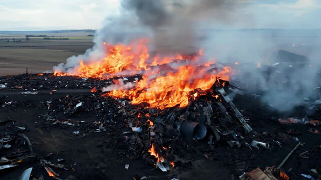 High angle sweep video, silhouetted contrast, bright flames, camera sweeps, sprawling landfill, fire storm, mountains trash, grotesque shapes, discarded objects, thick, toxic smoke