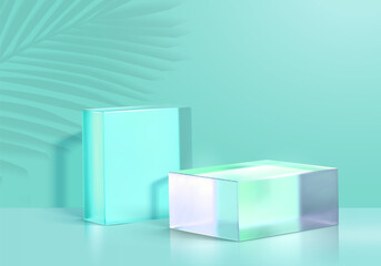 Modern glass display blocks in mint green tones with soft lighting and shadows, designed for elegant product showcasing or minimalist design mockups.