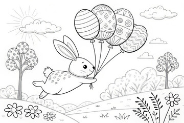 Easter Theme, Cute bunny flying with balloons in a whimsical landscape. outline for coloring.