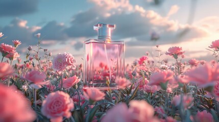Elegant perfume bottle surrounded by blooming pink flowers under a serene sky at sunset