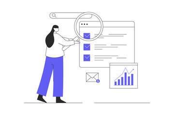 SEO analysis concept. Character Woman settings site for search engines, analyzes statistics of web page, improvement and optimization. Flat Cartoon Vector Illustration, icon. Stylish abstract 
