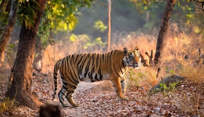 Majestic Bengal Tiger Roaming the Jungles of Bandhavgarh National Park at Dusk, Captured in Vibrant Indian Wilderness