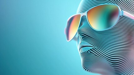 A stylized, abstract representation of a human face wearing vibrant sunglasses, set against a smooth blue background, symbolize newwave and Y2K.