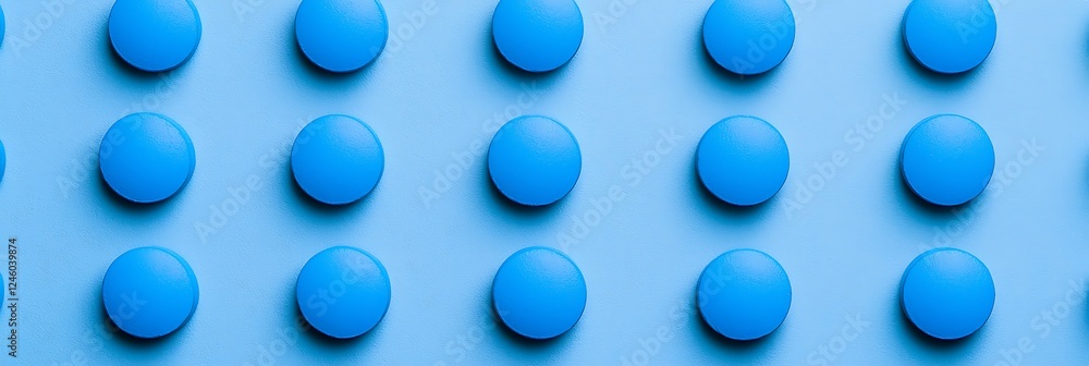 Poster a vibrant pattern of blue circular shapes arranged in a grid on a light blue background, creating a 