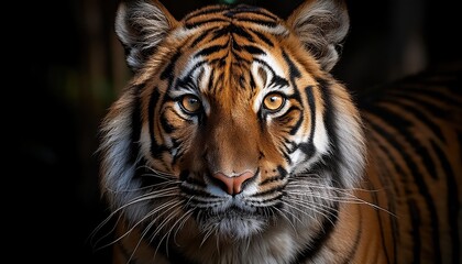 Fototapeta premium Majestic Bengal Tiger Stalking Prey in the Jungle Twilight, Showcasing Striking Orange Fur and Intense Eyes, Caught MidAction in a Vibrant, Lush Indian Landscape.
