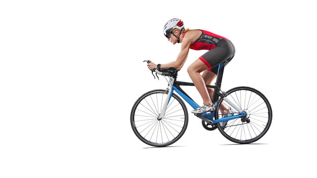 Cyclist in sportswear and sport helmet riding road bike isolated on free png background. Concept of sport, triathlon, competition, tournament, championship and speed.