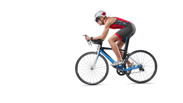 Cyclist in sportswear and sport helmet riding road bike isolated on free png background. Concept of sport, triathlon, competition, tournament, championship and speed.