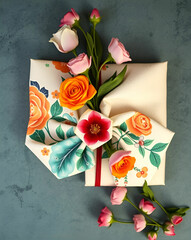 A top view of a furoshiki package wrapped with flowers.