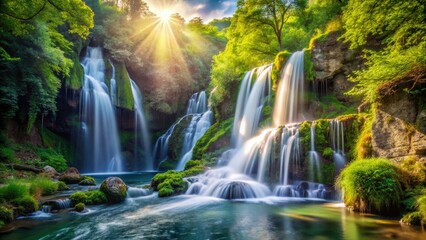 Obraz premium Aerial view of Guzeldere Waterfall, Duzce, Turkey: cascading water plunges through lush forest.