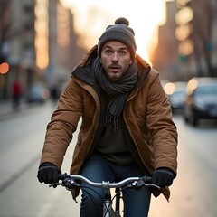 Obraz premium Lost in Wonder: A Latinx Middle-Aged Androgynous Cyclist in Modern Urban Glow