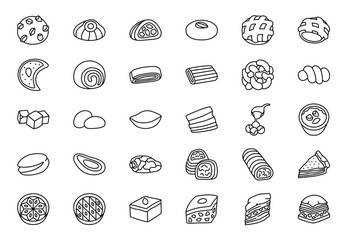 A set of line-style icons of traditional Arabic desserts.