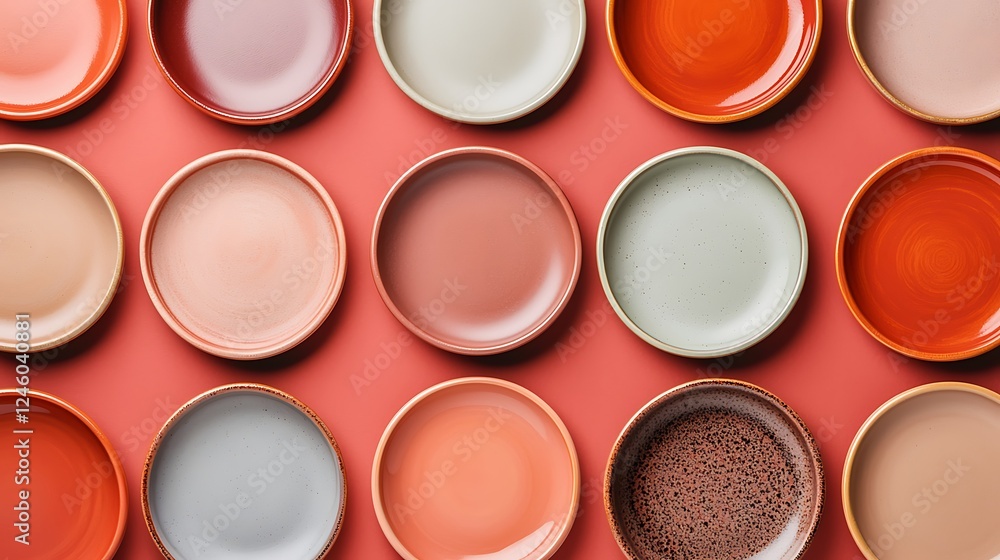 Poster a colorful arrangement of various ceramic bowls in different shades displayed on a matching backgrou