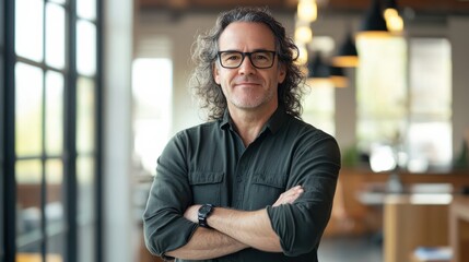 Obraz premium Confident middle-aged man with glasses posing in modern office environment