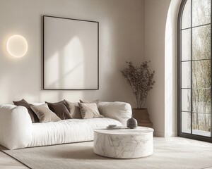 Minimalist Scandinavian Living Room Scene Modern White Sofa Marble Coffee Table Natural Light Interior Design