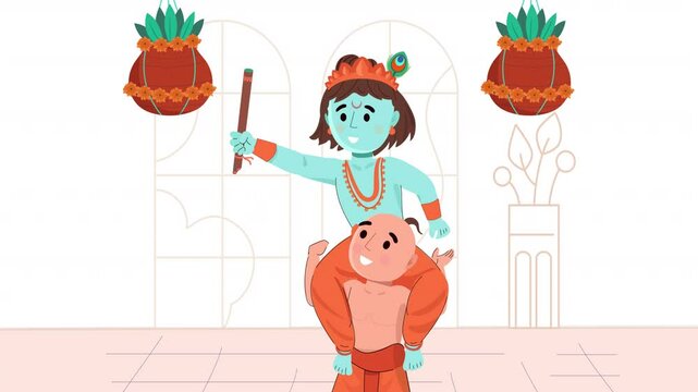 Illustrate the Dahi Handi festival with 2D flat character animation. Characters participate in the joyful and energetic celebration, creating human pyramids in an uplifting, vibrant animation style.