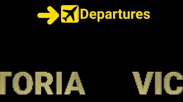 LED Text Sign Board Animation Displaying Departures at VICTORIA Airport. Suitable for airline marketing, travel content, aviation infographics, digital advertising, and explainer videos