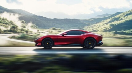 Fototapeta premium Red Sports Car Speeds Through Mountainous Landscape