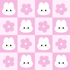 Cute seamless pattern with bunny and flowers. Checkered pink background. Vector texture for print, textile, fabric.