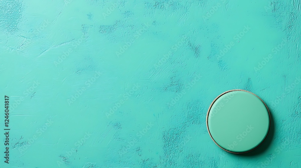 Aufkleber a simple, round object rests on a textured turquoise surface, creating a visually appealing contrast