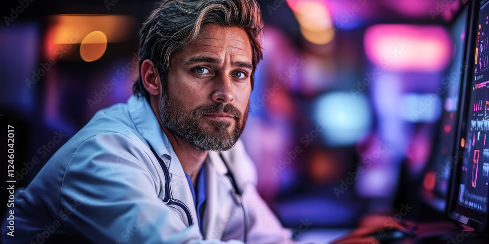 Poster innovative health tech: doctor using advanced computing tools to enhance patient care and prevent in