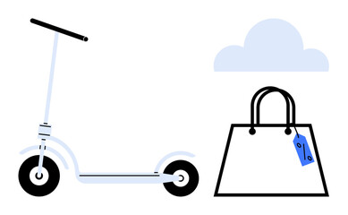 Electric scooter next to a shopping bag with a price tag under a cloud. Ideal for sustainability, eco-transportation, urban living, online shopping, green commuting, environment awareness
