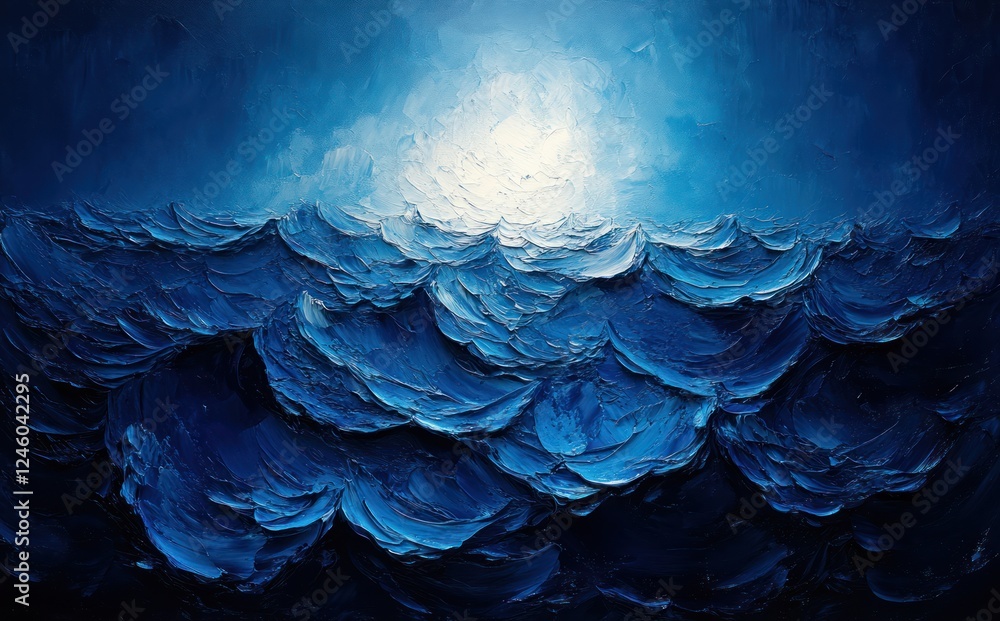 Poster deep blue surreal abstract painting with textured composition and soft diffused light