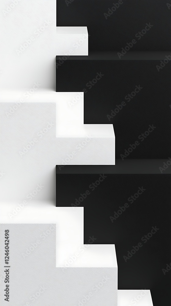 Poster the image features a minimalist design of white and black stairs, creating a striking contrast in a 