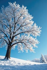 Snow-covered tree branches stretching towards the sky, Christmas, frost, tree