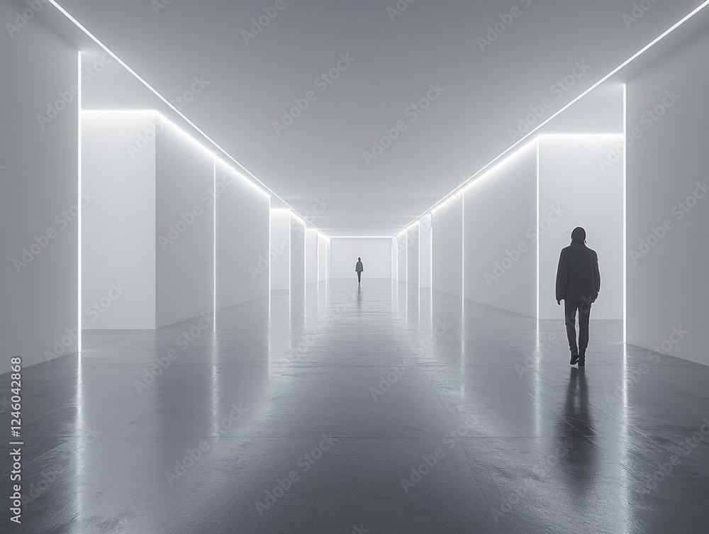 Poster young man walking in an empty minimalist art gallery with white walls and soft diffused lighting