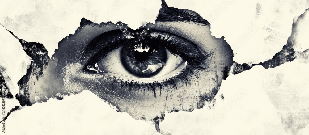 Poster distressed vintage paper texture in beige and gray with a central eye peering through torn elements 