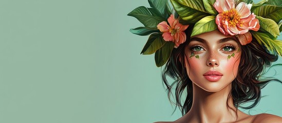 Naklejka premium Elegant woman with flower and leaf crown on pastel green background, showcasing vibrant nature-inspired beauty and soft facial features.