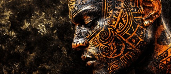 Fototapeta premium Close-up of a personâ€™s face adorned with intricate tribal tattoos in vibrant orange and deep black tones, showcasing rich cultural artistry.