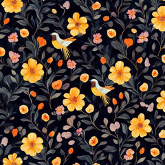 Seamless floral pattern with birds and yellow flowers