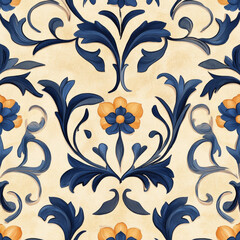 Seamless floral pattern with blue and orange flowers