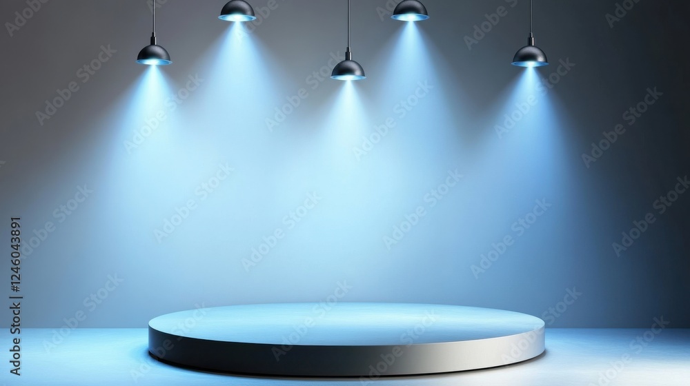 Poster empty illuminated stage with blue lights and circular platform