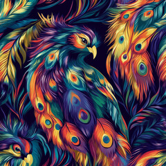 Obraz premium Colorful peacock feathers and birds in vibrant pattern