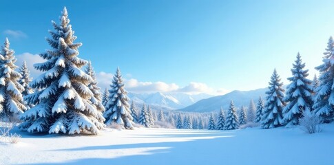 Obraz premium Snow-dusted evergreen trees under clear blue sky, landscape, winter