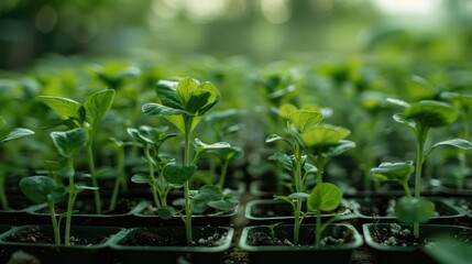 Lush green seedlings thriving in a greenhouse, surrounded by soft natural light and blurred foliage