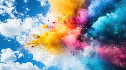 Fototapeta premium Holi Festival colored powders thrown into the air against the blue sky