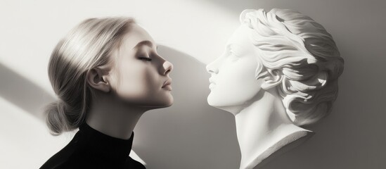 Monochrome art piece featuring a woman's profile and classical sculpture in white and gray tones against a light background highlighting elegance.