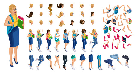 Isometric cartoon people, 3D Set for creating Girl Student person. Full length gestures isolated, N3. Create your own design for vector