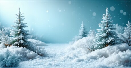 Obraz premium Soft snowfall gradient blending pale blue and icy white with a dreamy grain effect, evoking a peaceful winter scene filled with snow-covered trees and gentle snowfall