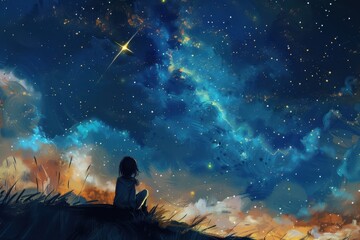 Obraz premium Stargazer points to the Milky Way under a clear night sky by the beach at twilight